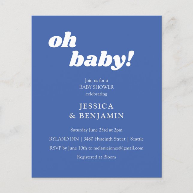Invitation de Baby Shower Moderne Simple Bleu Oh B (Devant)