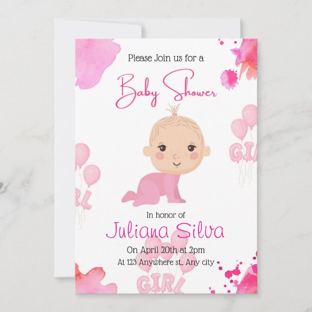 Invitation de baby shower modifiable rose pour béb (Devant)