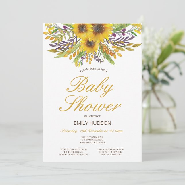 Invitation de baby shower modifiable Tournesol, Fê (Debout devant)