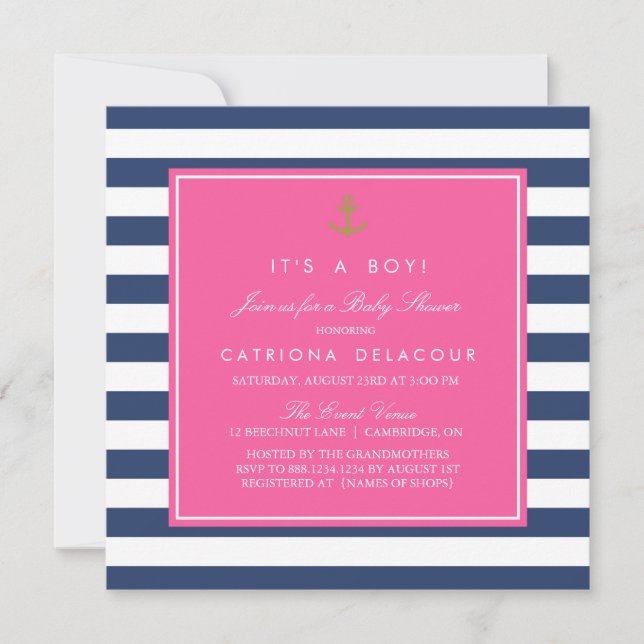 Invitation de Baby shower nautique Hot Pink & Navy (Devant)