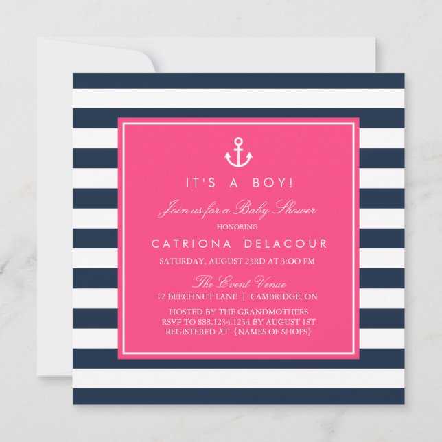 Invitation de Baby shower nautique Hot Pink & Navy (Devant)