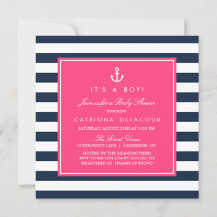 Invitation de Baby shower nautique Hot Pink & Navy