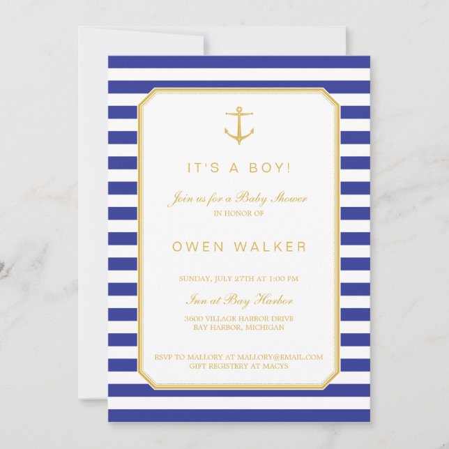 Invitation de baby shower Nautique Navy & Or (Devant)