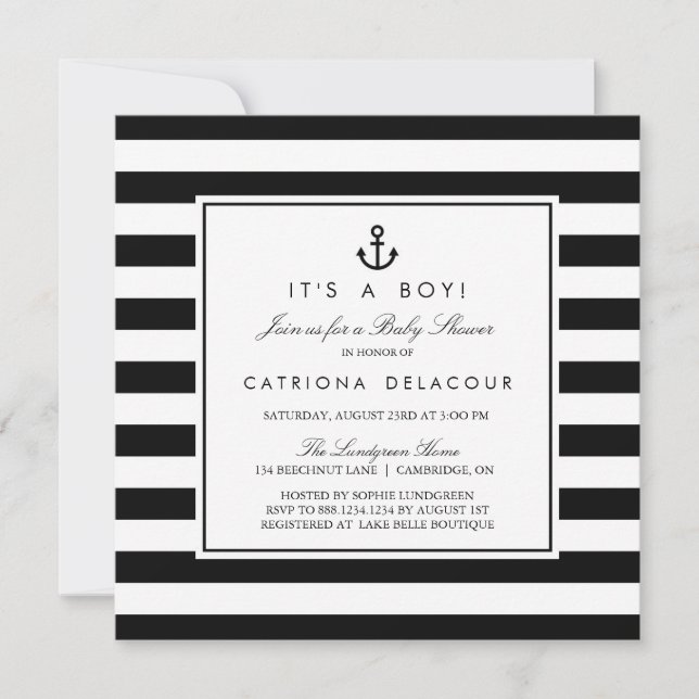 Invitation de Baby shower nautique noir et blanc (Devant)