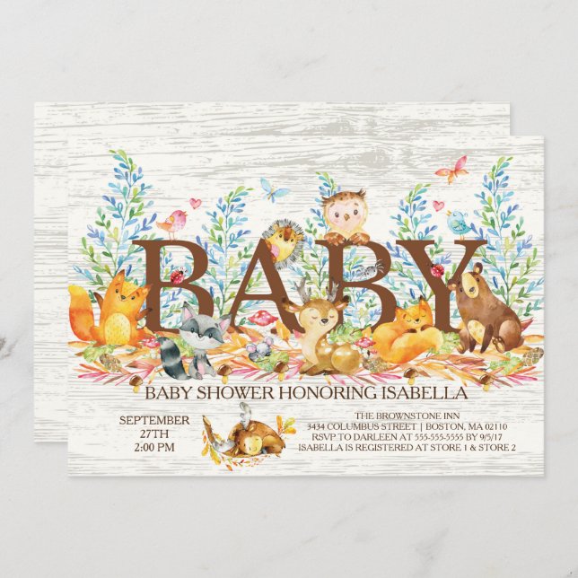 Invitation de Baby shower neutre en bois rustique (Devant / Derrière)