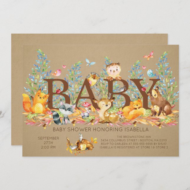 Invitation de Baby shower neutre en bois rustique (Devant / Derrière)