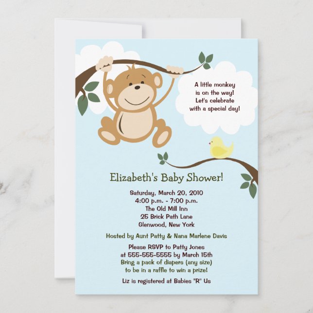 Invitation de Baby shower neutre singe et Birdie (Devant)