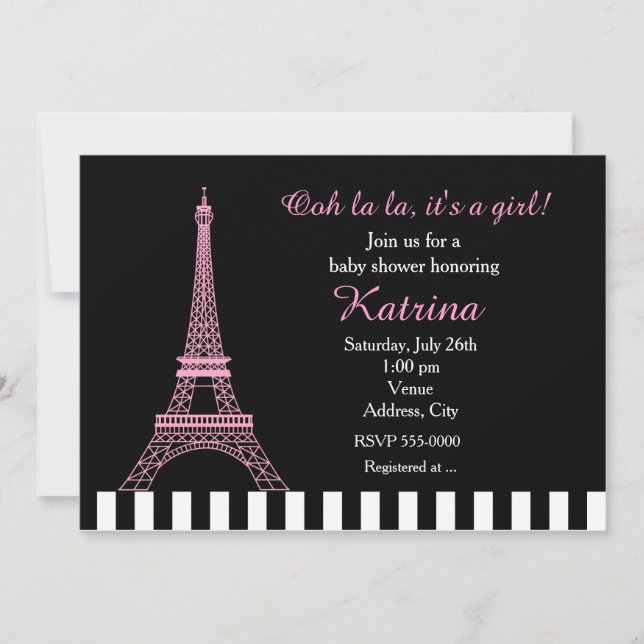 Invitation de Baby Shower Noir Tour Eiffel Rose Pa (Devant)