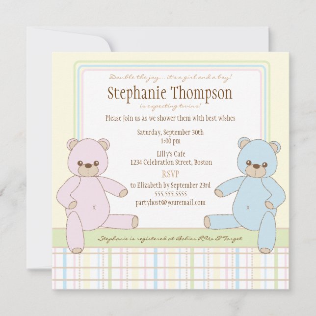 Invitation de Baby shower Nounours de Twin Boy Gir (Devant)