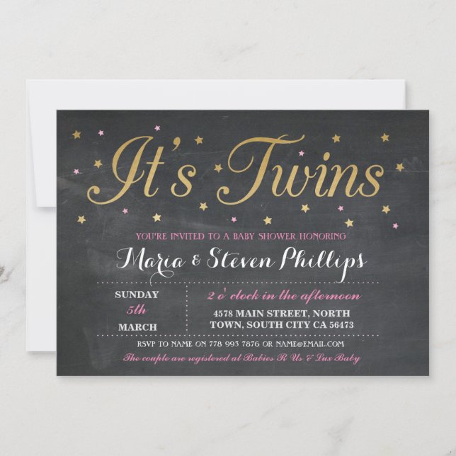 Invitation de Baby shower or Chalk roses Twins Gir (Devant)