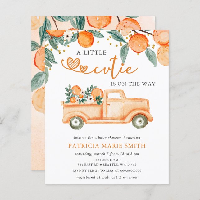Invitation de Baby shower orange Little Cutie Budg (Devant / Derrière)
