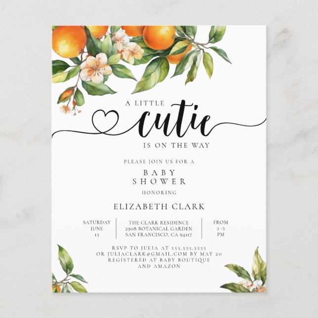 Invitation de Baby shower orange Little Cutie Budg (Devant)