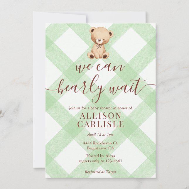 Invitation de baby shower 'Ours en peluche vert ga (Devant)