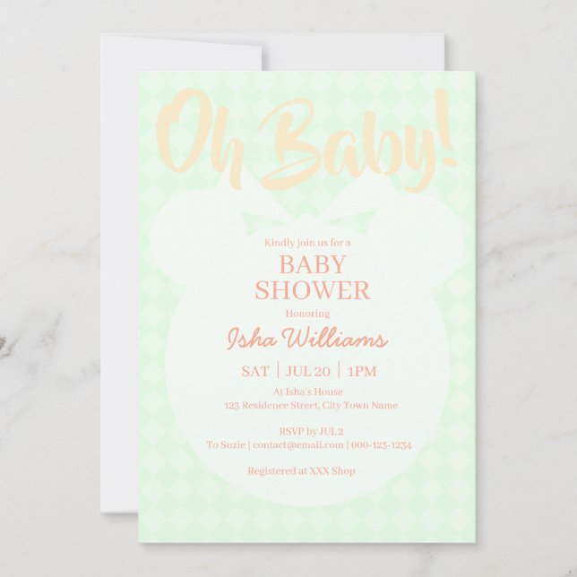 Invitation de Baby Shower Ours Vert Clair Orange O (Devant)