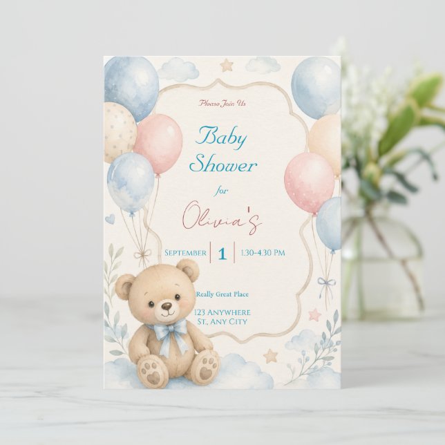 Invitation de baby shower ourson aquarelle (Debout devant)
