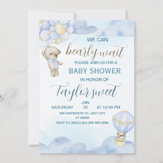 Invitation de Baby Shower Ourson Bleu Mignon