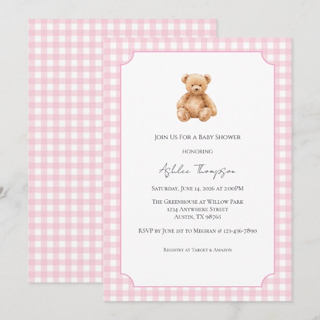 Invitation de Baby Shower Ourson Classique Préparé (Devant / Derrière)
