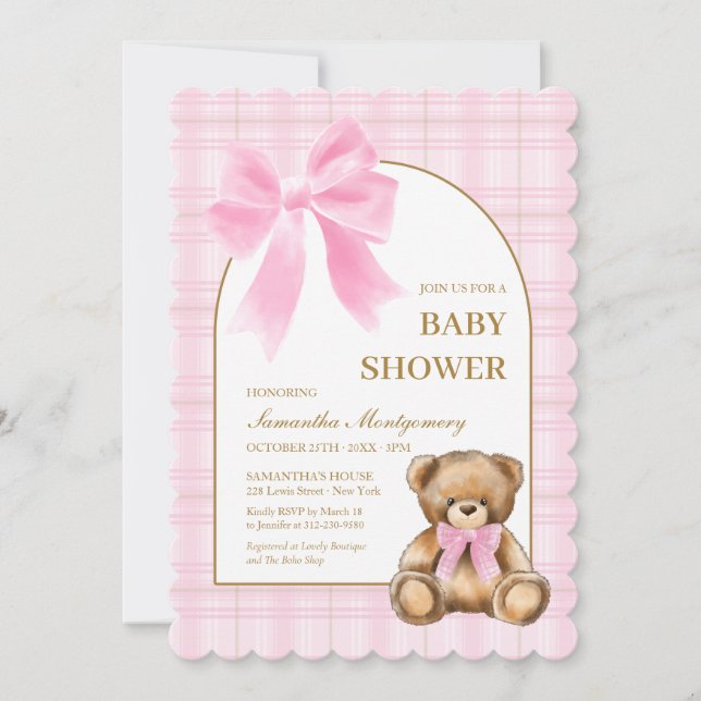 Invitation de Baby Shower Ourson Préparé à Carreau (Devant)