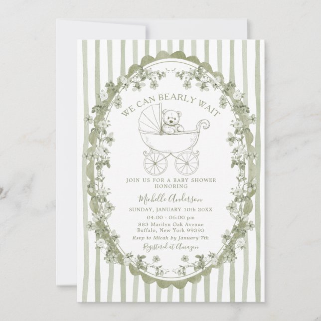 Invitation de Baby Shower Ourson Vert Sauge (Devant)