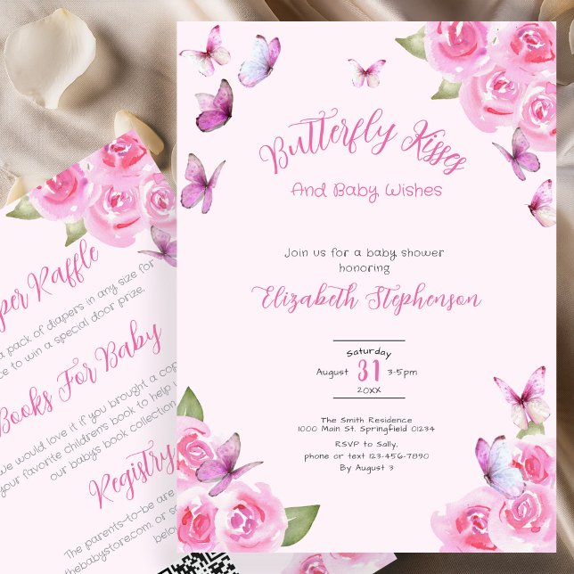 Invitation de Baby Shower Papillon Rose Double Fac (Créateur téléchargé)
