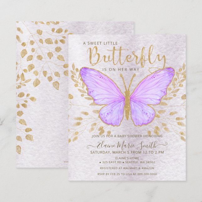 Invitation de Baby Shower Papillon Violet à petit  (Devant / Derrière)