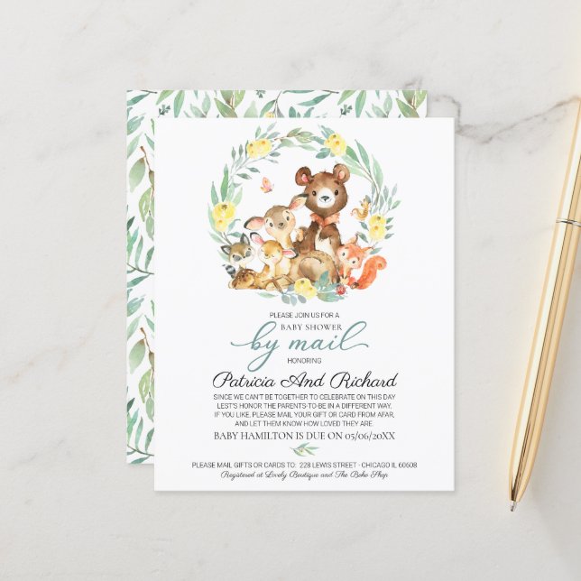 Invitation de baby shower par courrier à budget su (Devant/Arrière en situation)