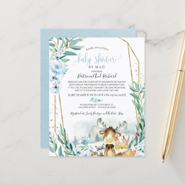 Invitation de baby shower par courrier à budget su (Devant/Arrière en situation)