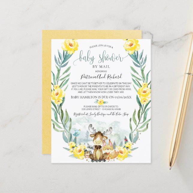 Invitation de baby shower par courrier à budget th (Devant/Arrière en situation)