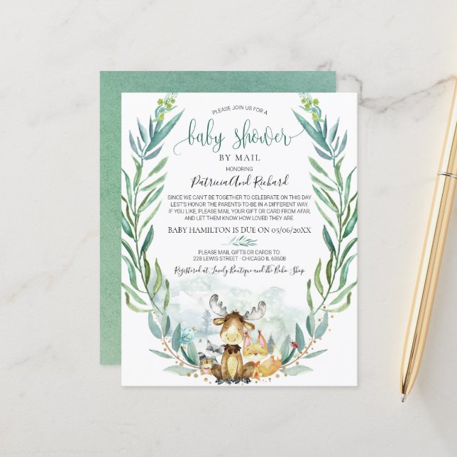 Invitation de baby shower par courrier à petit bud (Devant/Arrière en situation)