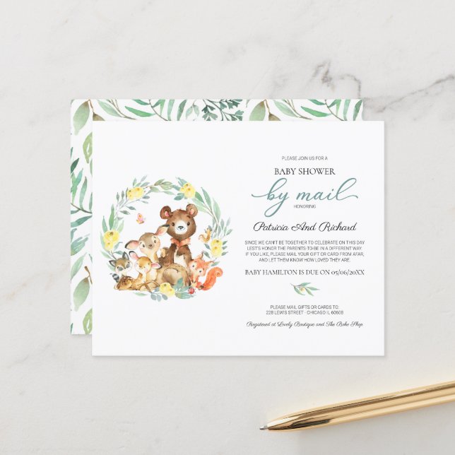 Invitation de baby shower par courrier à petit bud (Devant/Arrière en situation)