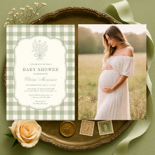 Invitation de Baby Shower Photo Gingham Vert Sauge