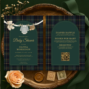 Invitation de Baby Shower Plaid Vert Ours en Peluc