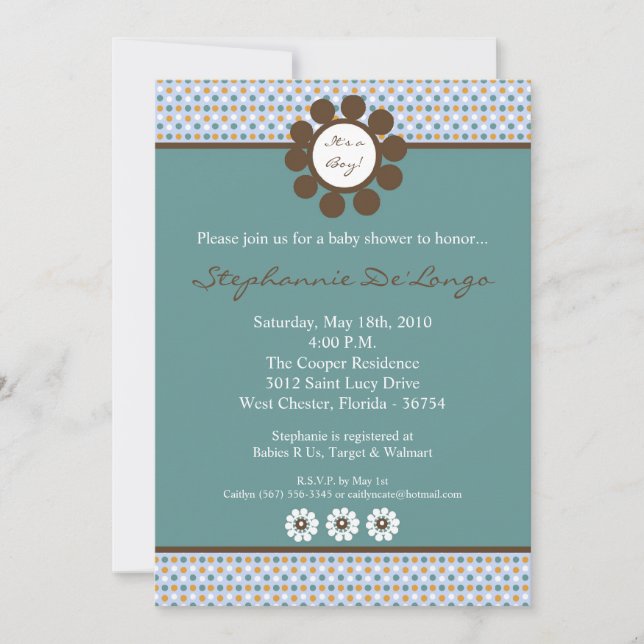 Invitation de Baby shower PolkaDot bleu 5x7 (Devant)