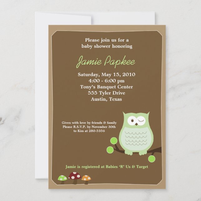 Invitation de Baby shower Pop Owl Nature 5x7 (Devant)