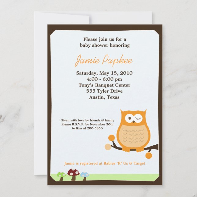 Invitation de Baby shower Pop Owl Nature 5x7 (Devant)