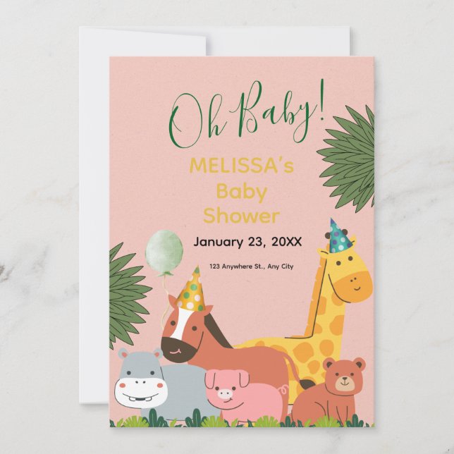 Invitation de baby shower pour bébé animaux de la  (Devant)