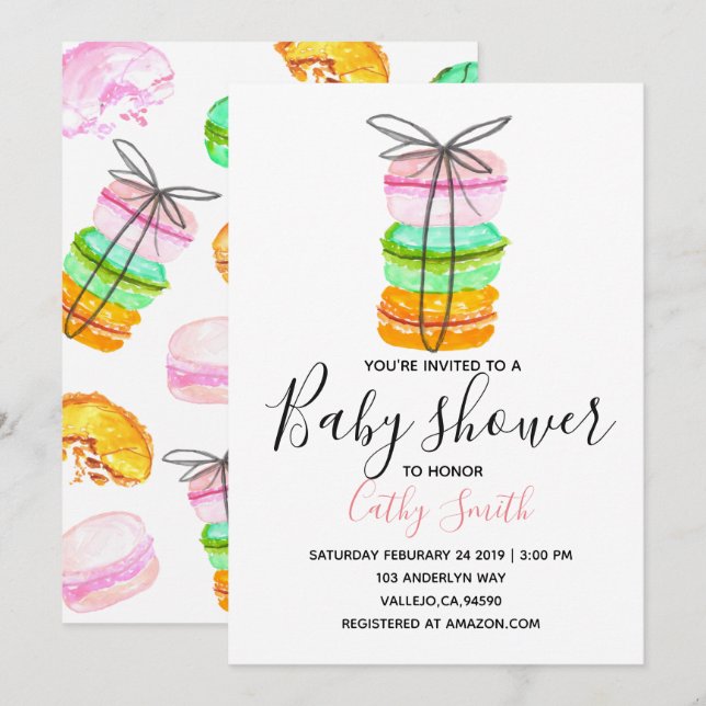 Invitation de baby shower pour bébé aux macarons f (Devant / Derrière)