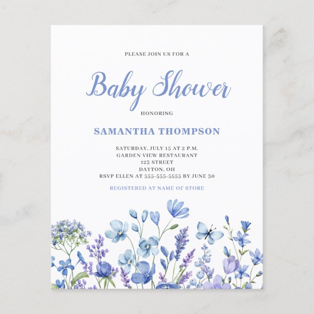 Invitation de baby shower pour garçon à fleurs ble (Devant)