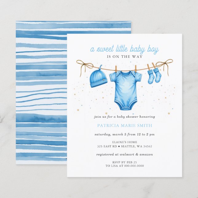 Invitation de Baby Shower pour garçon tenue de lig (Devant / Derrière)