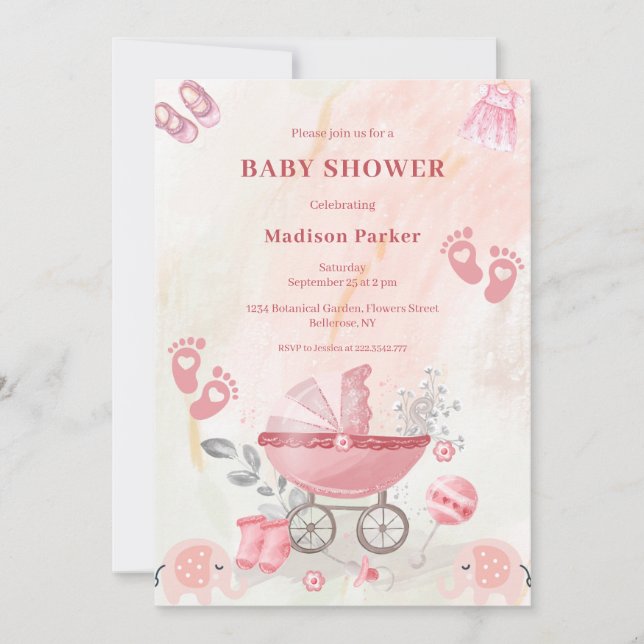 Invitation de Baby Shower pour Landau de Bébé Rose (Devant)