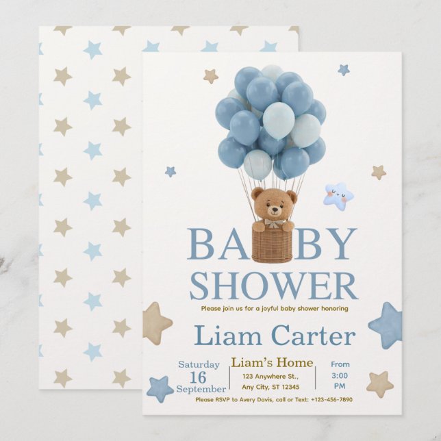 Invitation de Baby Shower pour Petit Garçon Bleu M (Devant / Derrière)
