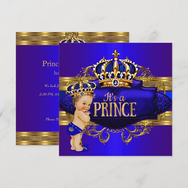 Invitation de Baby Shower pour Prince Bébé Bleu Ro (Devant / Derrière)