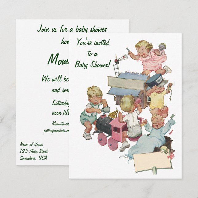 Invitation de Baby Shower pour Trains de Jouets An (Devant / Derrière)