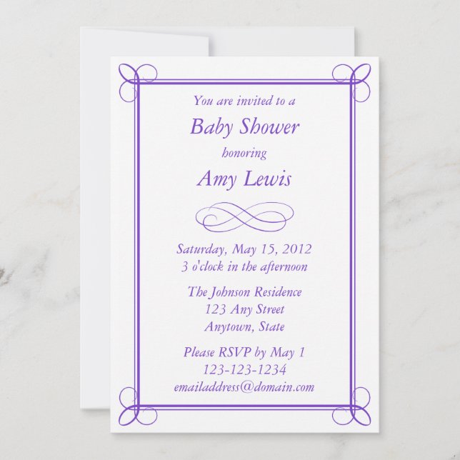 Invitation de Baby shower pourpre personnalisée (Devant)