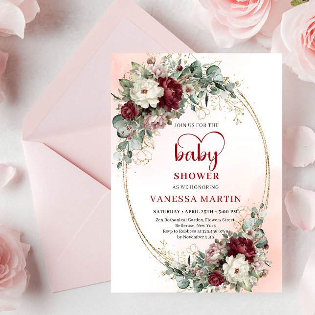 Invitation de baby shower Pretty Maroon Floral Gol (Pretty Maroon Floral Gold Baby Shower Invite)