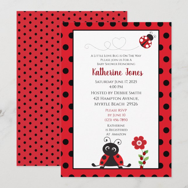 Invitation de Baby shower Red Black Ladybug (Devant / Derrière)