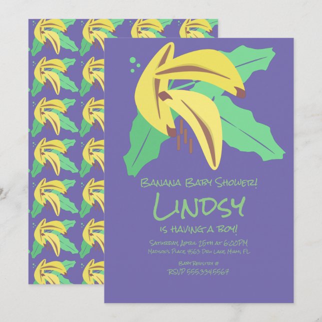 Invitation de Baby Shower Rétro Banane Violette (Devant / Derrière)