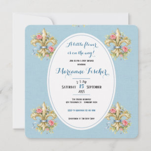 Invitation de baby shower rétro bleu Fleur de Lys