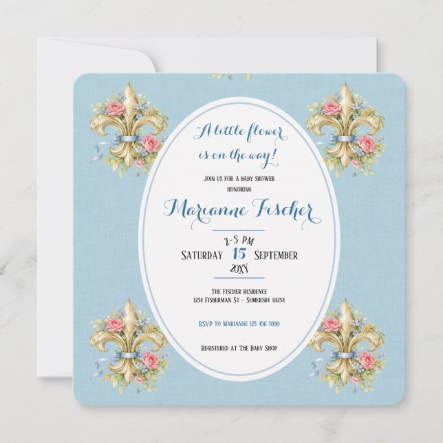Invitation de baby shower rétro bleu Fleur de Lys (Devant)