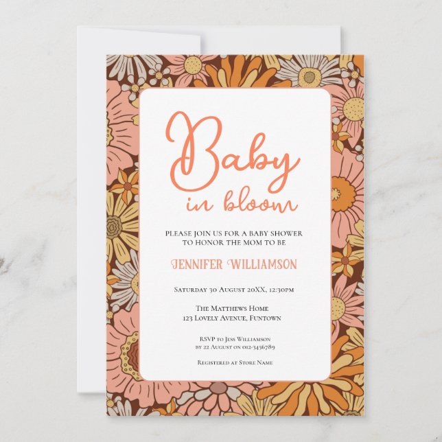 Invitation de baby shower rétro floral (Devant)